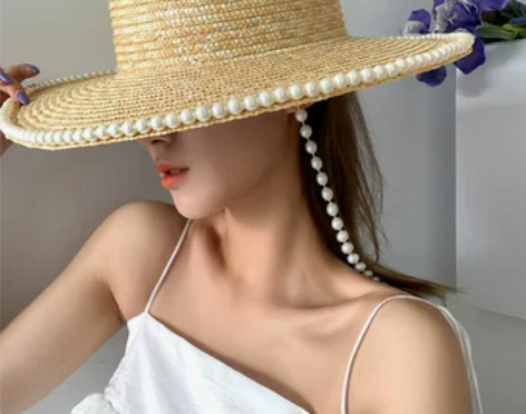 ins博主手工珍珠链条麦秆草平顶草帽沙滩度...