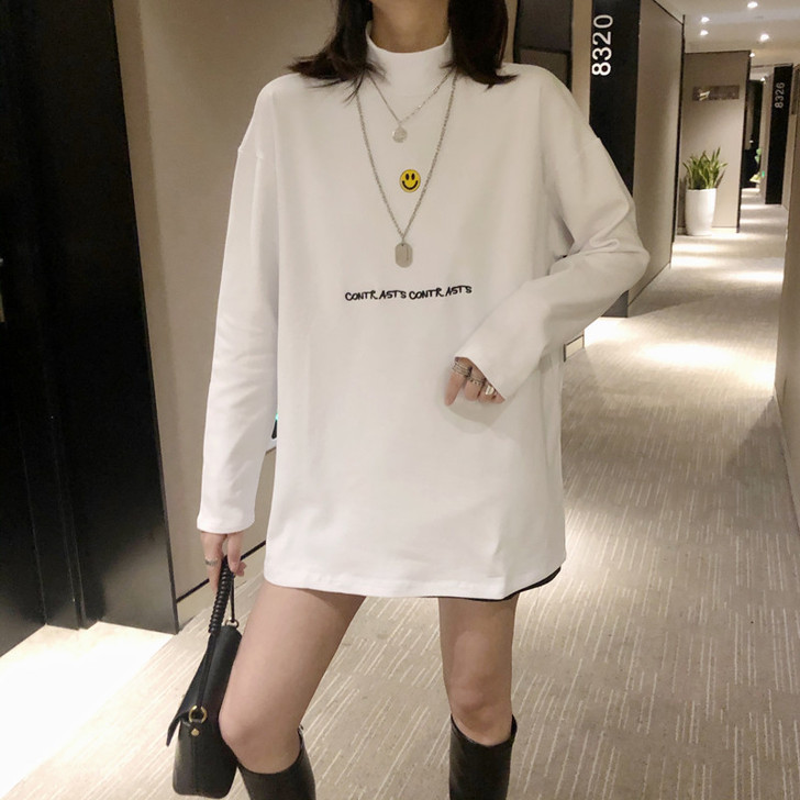 半高领加绒加厚打底衫女秋冬洋气长袖白色t恤...