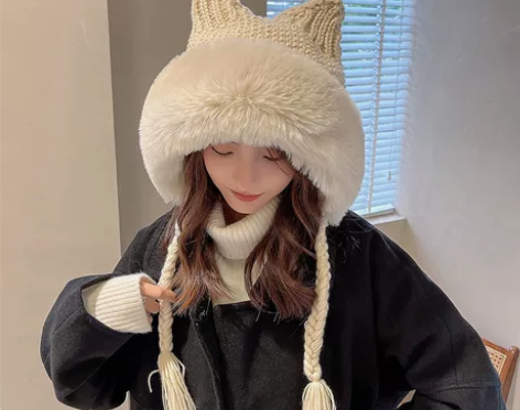日系猫耳朵帽子女冬季针织帽护耳雷锋帽毛绒帽...
