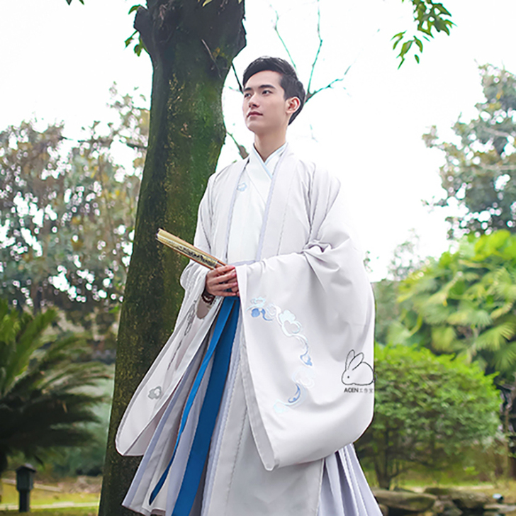 【绿罗】霜天月明日常汉服男云纹绣花单大氅传...