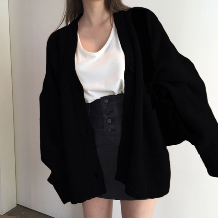 黑色针织开衫女毛衣外套宽松外穿慵懒春装20...