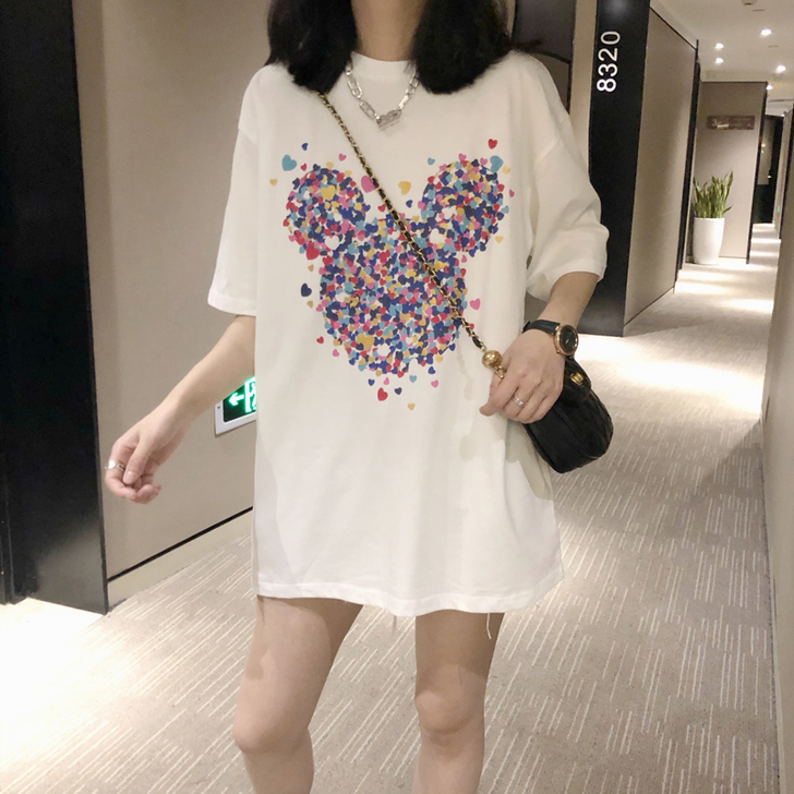 卡通爱心印花短袖T恤女2021夏季新款宽松...