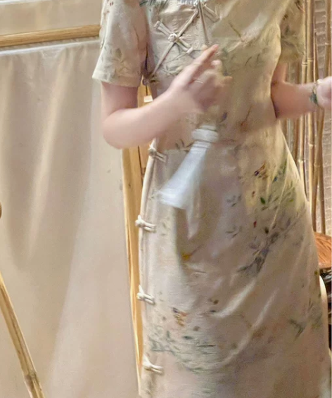新中式收腰连衣裙女夏短袖雪纺印花改良旗袍裙