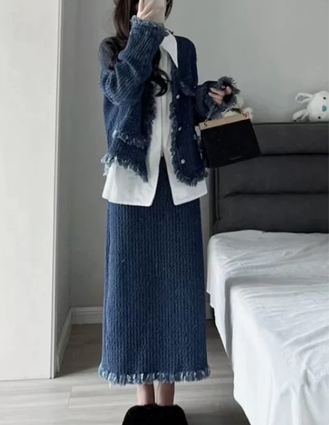高级感毛边长袖外套时尚两件套装春秋季新款牛...