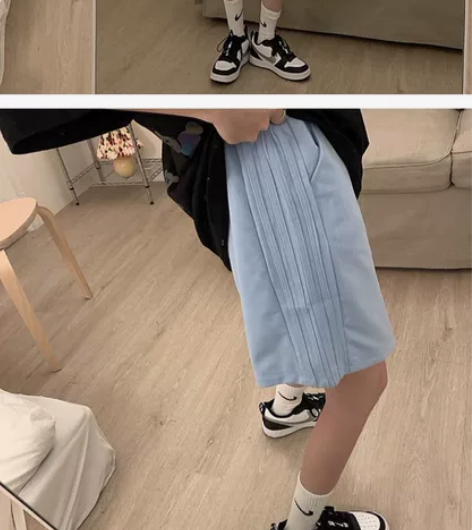短裤女夏季新款ins原宿风天蓝色侧边杠条纯...