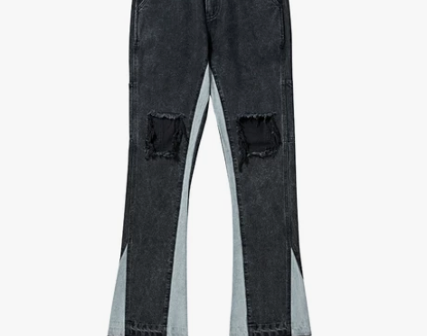 ?OKCEY LAB高街破洞牛仔裤男拼接水...