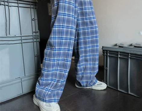 吵吵家蓝色复古格子休闲裤女2020秋新款宽...