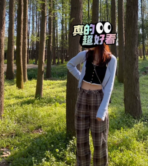 瞌睡兔复古格纹阔腿裤女宽松直筒休闲裤显瘦高...