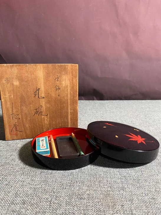 日本 回流 文房盒 雲锦 丸砚