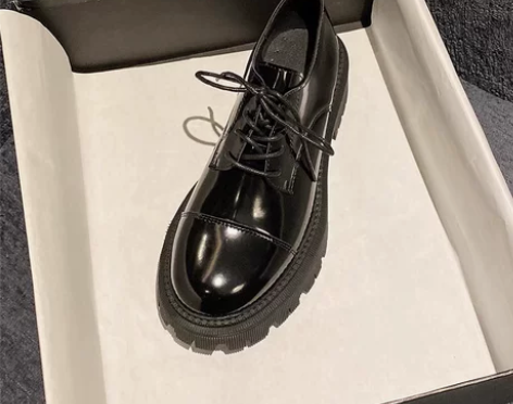 ?小皮鞋女英伦风春秋季黑色圆头乐福鞋系带配...