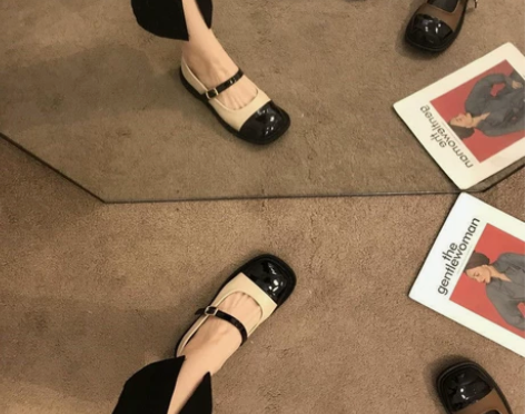 白色方头玛丽珍鞋女复古拼色一字扣带单鞋女粗...