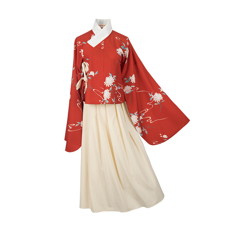 汉尚华莲传统汉服花期印花交领袄裙琵琶袖单层...