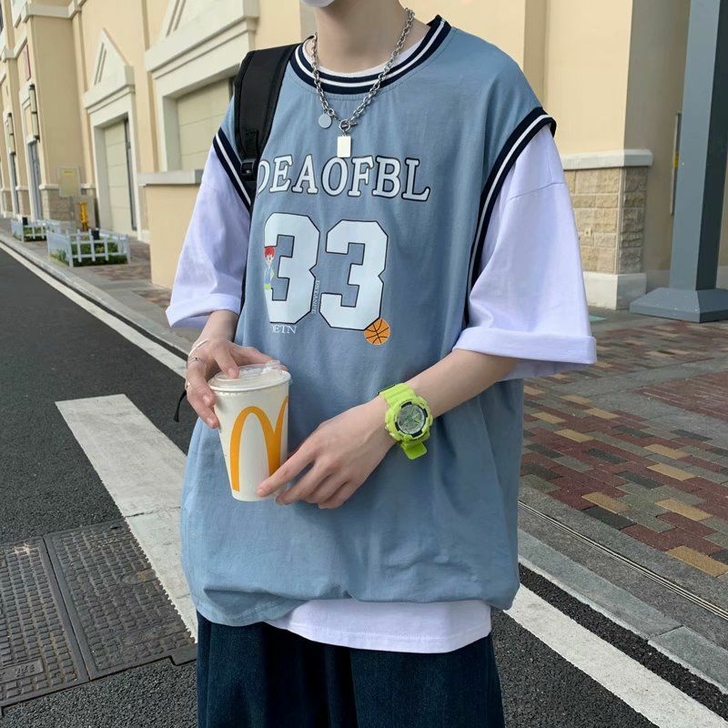 假两件长袖T恤男士纯色休闲打底衫宽松撞色卫...