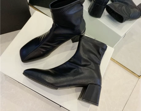 秋冬韩版简约百搭弹力靴粗跟高跟鞋中跟方头短...