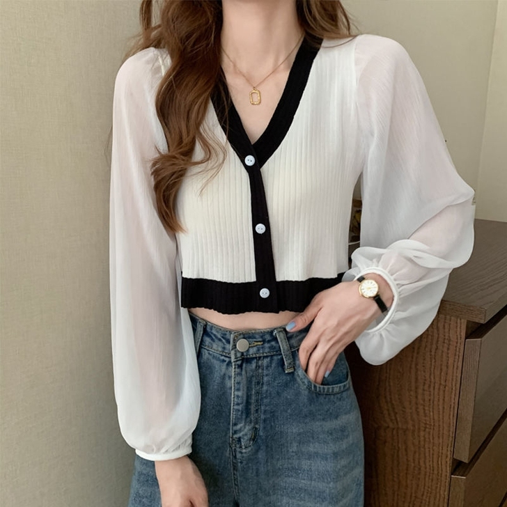 秋季2020新款韩版网红拼接假两件雪纺长袖...