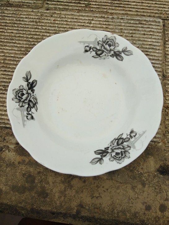 瓷盘。上面用墨彩毛笔画的武汉长江大桥和玫瑰...