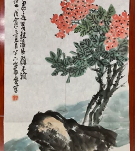 曹简楼精品花鸟画《天竺 石头》一幅，38厘...
