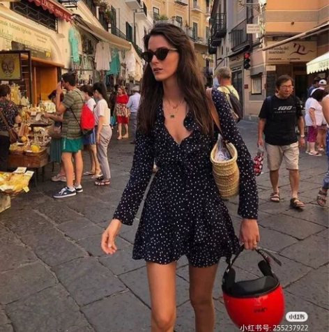 法式星星荷叶边茶歇裹身裙 藏青色七分袖法式...