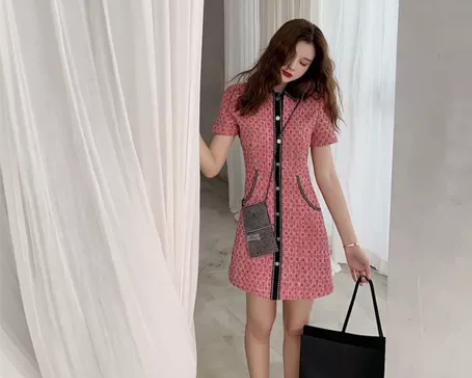 2022新款小香风编织粗花呢连衣裙娃娃领单...