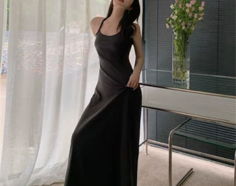 连衣裙长裙超长女到脚踝性感显瘦灰色吊带子夏...