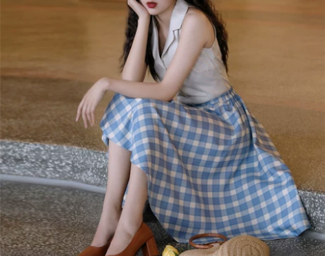 JUJU定制2020新款格子半身裙赫本风a...