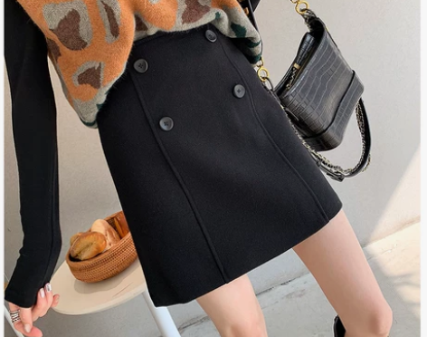 毛呢半身裙女秋冬2021新款港风高腰显瘦a...