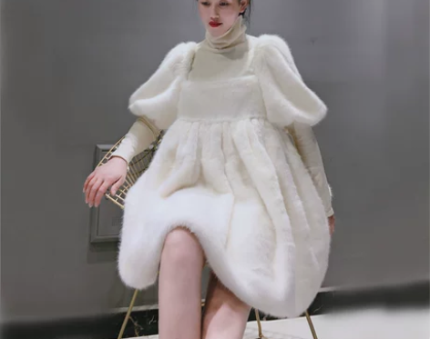 marchen毛绒绒连衣裙仙女裙泡泡袖蓬蓬裙