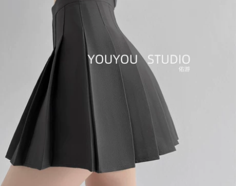 灰色高腰百褶裙女夏复古显瘦西服料防走光小个...