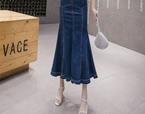 鱼尾裙半身裙中长款牛仔裙2021秋款女装高...