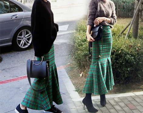 格子半身裙2017新款港味秋冬女毛呢鱼尾裙...
