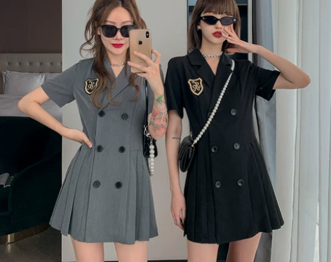 EZ14西装连衣裙女夏季新款裙子收腰显瘦学...