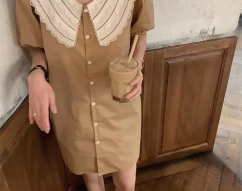 泡泡袖娃娃领连衣裙学院风甜美夏日女小个子裙...