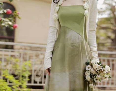 夏季女装新款复古法式浪漫仙女纯欲风绿色吊带...