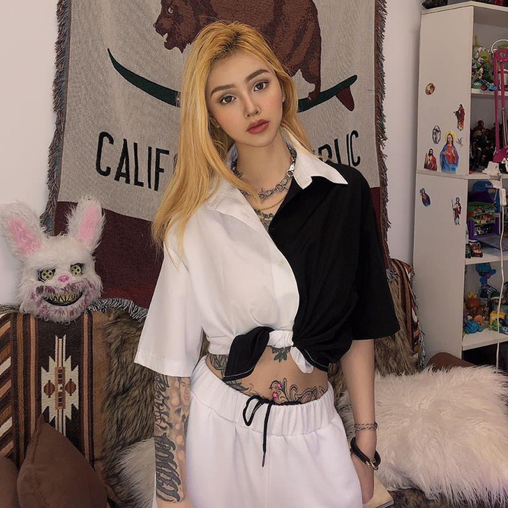 KLIOU 两极撞色短款衬衫女设计感小众百...
