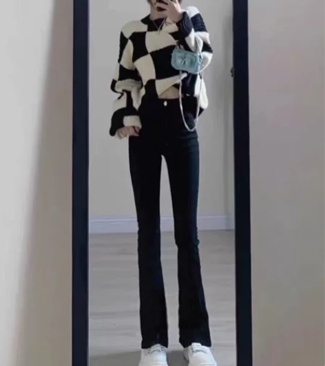 #牛仔长裤 加绒微喇牛仔裤女秋冬新款大码高...