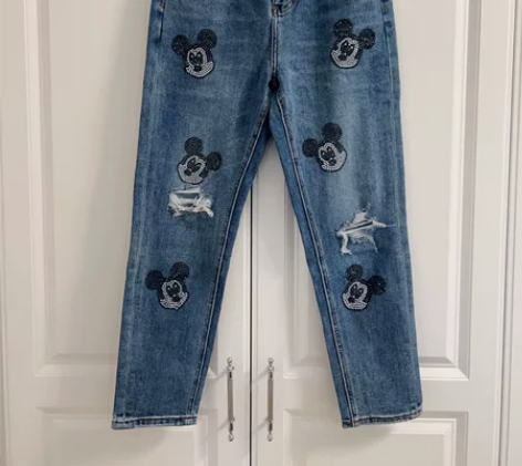 米奇镶钻牛仔裤，破洞有里衬不会漏，牛仔裤带...