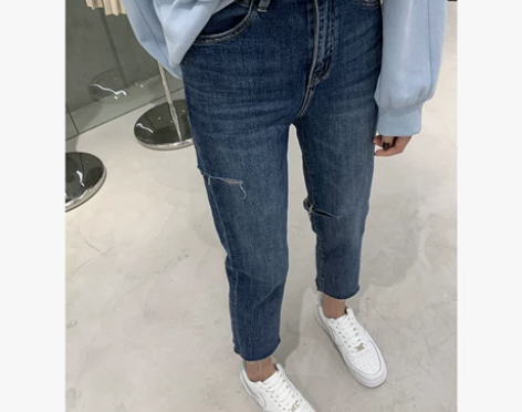 ?舒适好穿！韩版高腰修身破洞牛仔裤2022...