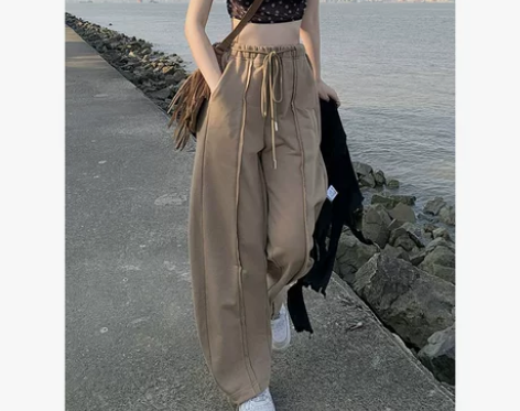 卡其色阔腿休闲裤女高腰显瘦夏季大码胖mm直...