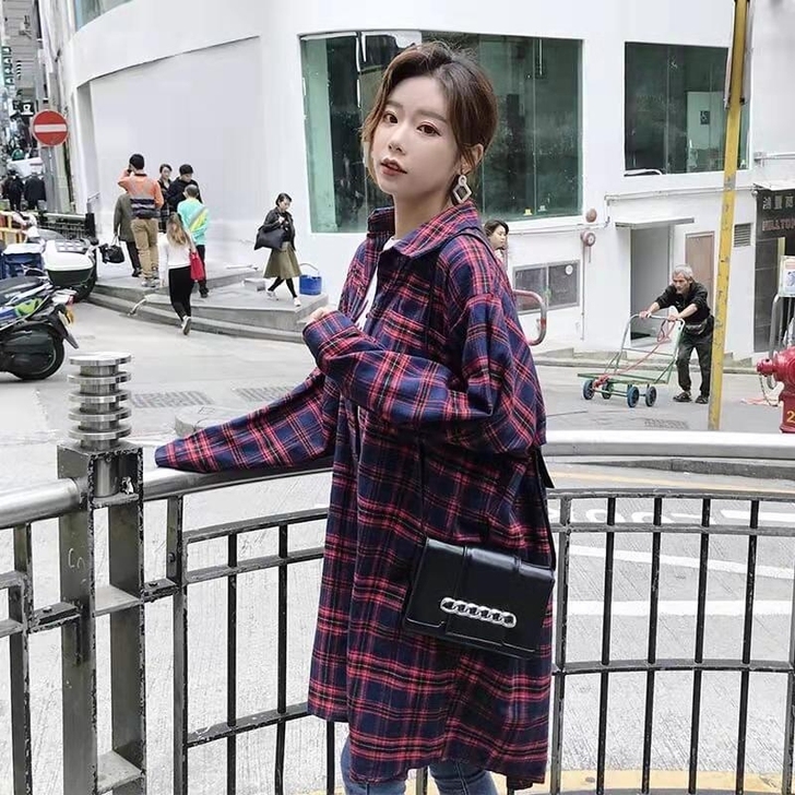 含棉格子衬衫女学生韩版宽松2021秋季新款...