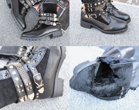 朋克风,欧美大码马丁靴!加绒保暖铆钉马毛拼...