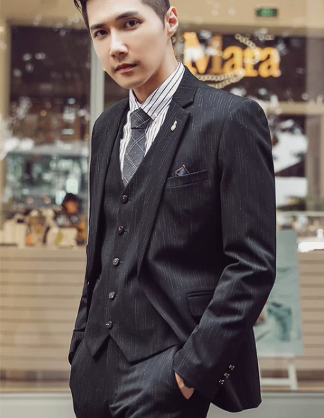 西装套装西服男黑色修身休闲小西装新郎结婚礼...