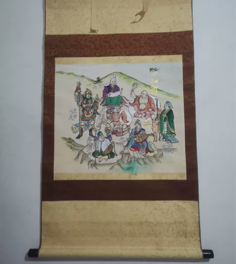 矿彩人物,手绘开运七福神,日本画,采用矿彩...