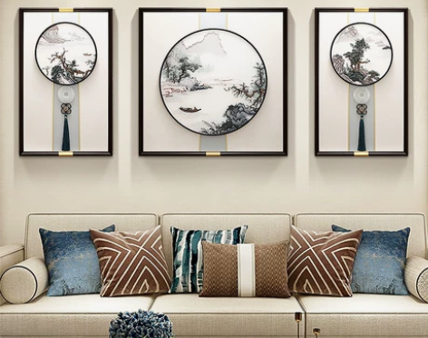 新中式客厅装饰画沙发背景墙刺绣成品挂画风