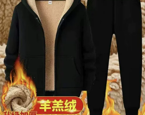全新冬季羊羔绒卫衣套装男士加绒连帽运动服休...