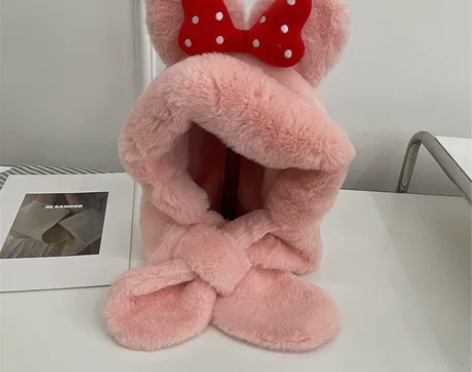 日本可爱小熊耳朵防风毛绒帽一体围脖帽子女冬...