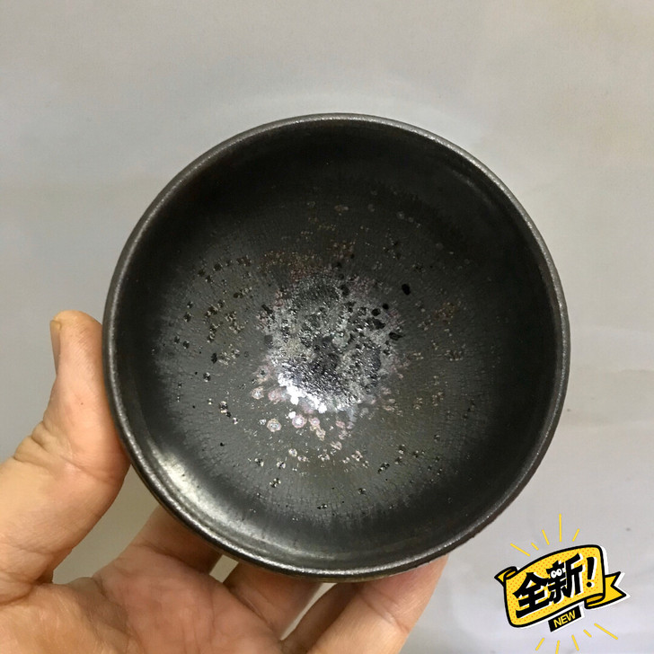 龙窑柴烧建盏-银黑底彩钻敛口盏