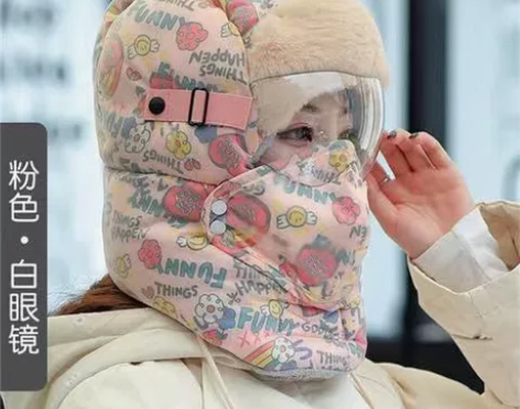 眼镜帽子一体围脖雷锋帽女冬款骑车加绒加厚保...