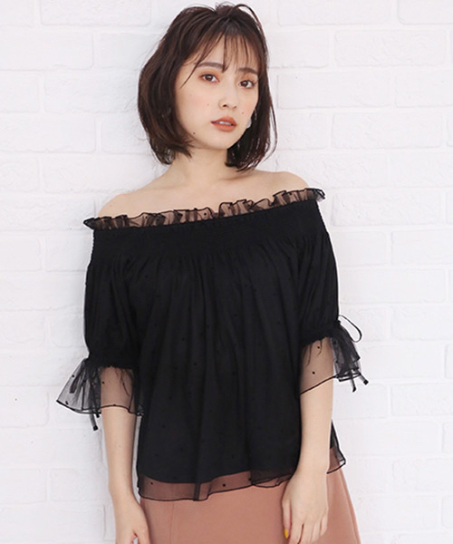 波点纱一字肩浪漫蕾丝衫