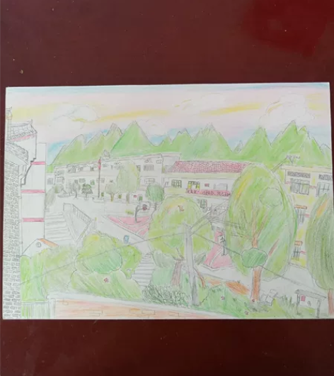 手工铅笔彩画，出自初二班学生作品，是手工画...