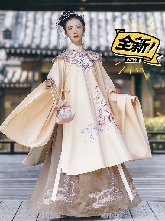 汉尚华莲对月明制立领长袄原创汉服女搭配云肩...